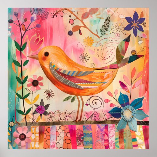 KLEURRIJK BIRD MIXED MEDIA POSTER (Voorkant)