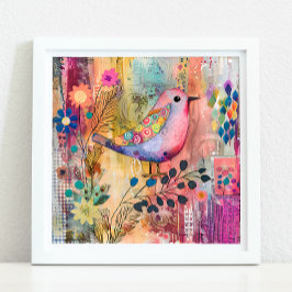 KLEURRIJK BIRD MIXED MEDIA POSTER