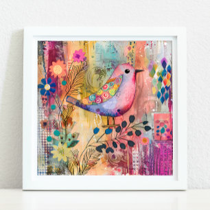 KLEURRIJK BIRD MIXED MEDIA POSTER