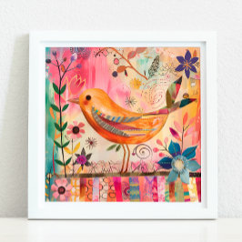 KLEURRIJK BIRD MIXED MEDIA POSTER