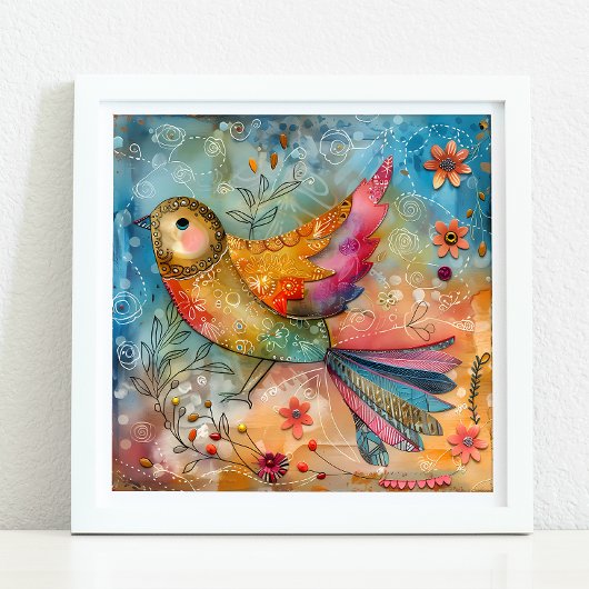KLEURRIJK BIRD MIXED MEDIA POSTER