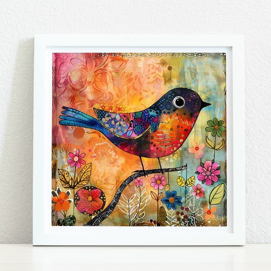 KLEURRIJK BIRD MIXED MEDIA POSTER