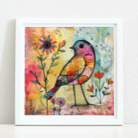 KLEURRIJK BIRD MIXED MEDIA POSTER