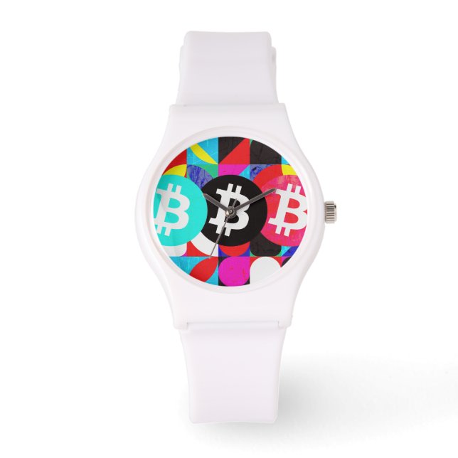 Kleurrijk Bitcoin-patroon Horloge (Voorkant)