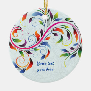 Kleurrijk blad met krul, lichtblauw bloemornament keramisch ornament