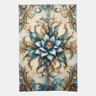 Kleurrijk Blauw bloemmotief en Gouden Bladeren Theedoek