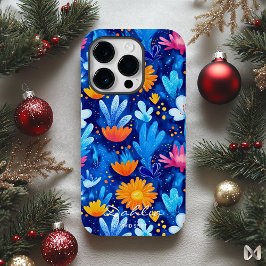 Kleurrijk Blauw Bloemmotief met Naam Citaat Case-Mate iPhone 14 Pro Hoesje