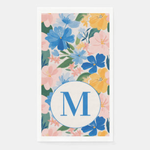 Kleurrijk Blauw Lentebloem Watercolor Monogram Servet