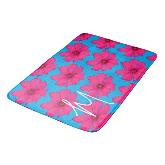 Kleurrijk Blauw Roze Bloemen Modern Monogram Badmat (Gekanteld)