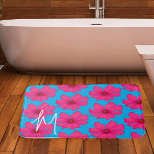Kleurrijk Blauw Roze Bloemen Modern Monogram Badmat