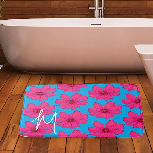Kleurrijk Blauw Roze Bloemen Modern Monogram Badmat
