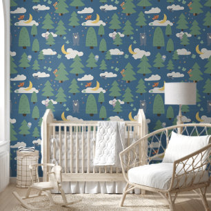 Kleurrijk Blauw Woodland Dier Kinder Wallpaper Behang