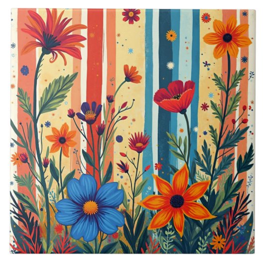 Kleurrijk Bloem Strepen Design Tegeltje (Voorkant)