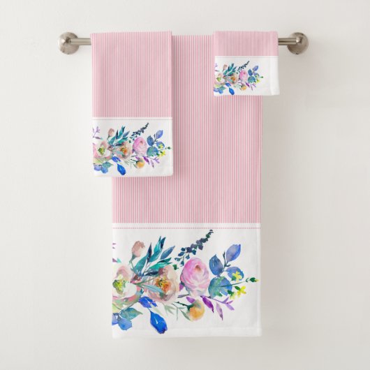 Kleurrijk bloemboeket & roze strepen bad handdoek (Insitu)