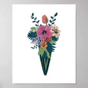 Kleurrijk bloemenboeket in een kegelvormige vaas poster