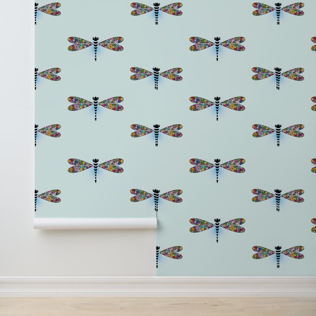Kleurrijk Bloemendesign met Libellen Behang (Applicatie)