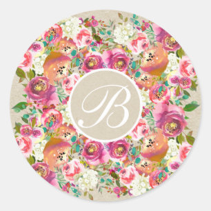 Kleurrijk Bloemendessert in Kraft met Monogram, Op Ronde Sticker
