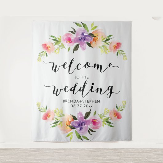 Kleurrijk bloemengestel & moderne trouwtypografie wandkleed (Voorkant)