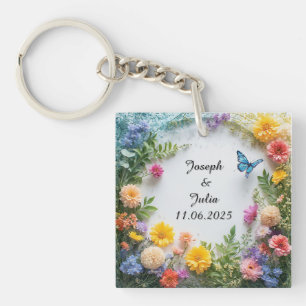 Kleurrijk bloemenkader met blauwe vlinder sleutelhanger