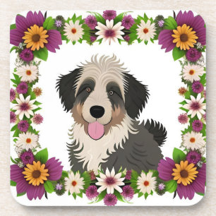 Kleurrijk bloemenkader met leuke hond illustratie bier onderzetter