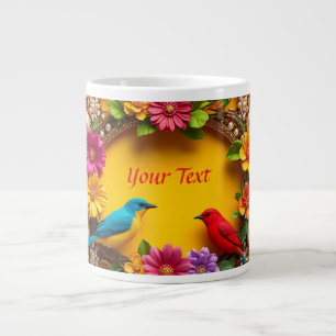 Kleurrijk bloemenkader met levendige vogels grote koffiekop