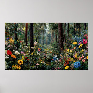 Kleurrijk Bloemenlandschap met Levendige Bomen Scè Poster