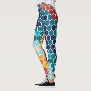 Kleurrijk bloemenmozaïek zeshoek patroon leggings