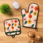 Kleurrijk bloemenpatroon ovenwant & pannenlap set (Top down)