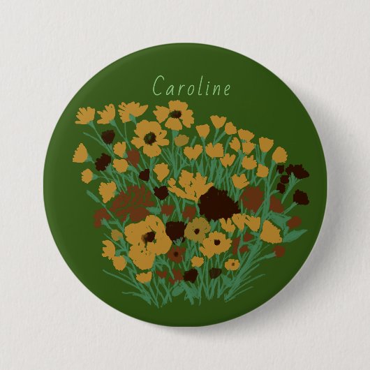 Kleurrijk  bloemenveld + aangepaste naam ronde button 7,6 cm (Voorkant)