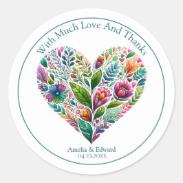 Kleurrijk Bloemhart "Dank je" Favor Ronde Sticker