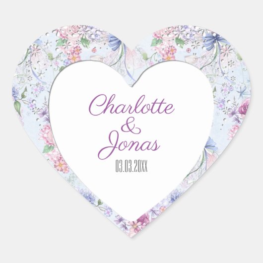 Kleurrijk bloemig Lijst- Save the Date Hart Sticker (Voorkant)