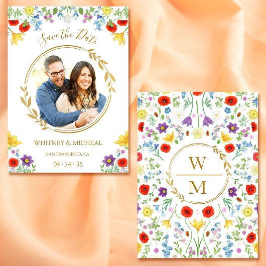 Kleurrijk Bloemig Monogram Foto Wit Save the Date