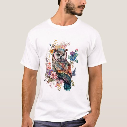 Kleurrijk Bloemig Uil T-Shirt (Voorkant)