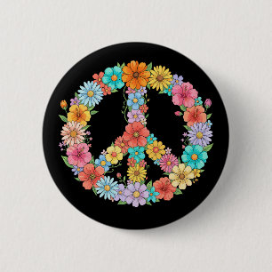 Kleurrijk Bloemig Vredesteken Hippie Retro Bloem Ronde Button 5,7 Cm