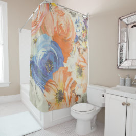 Kleurrijk Bloemmotief Blauw Oranje Beige Douchegor Douchegordijn