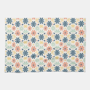Kleurrijk bloemmotief in blauw, roze en geel theedoek