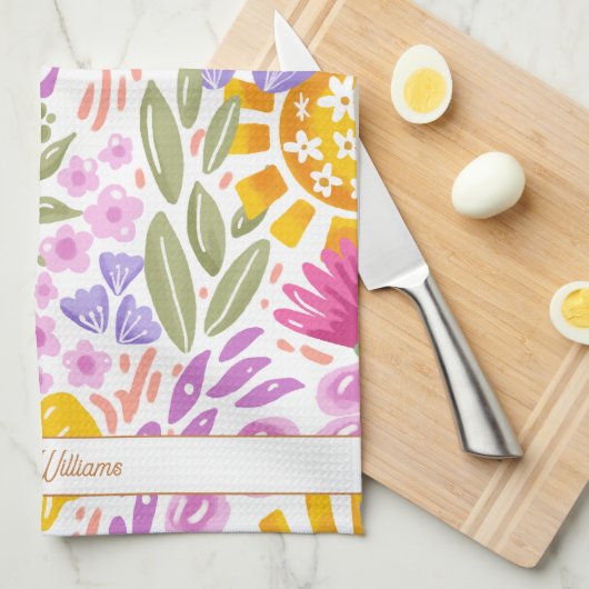 Kleurrijk Bloemmotief Naam Monogram Botanisch Theedoek (Quarter Fold)