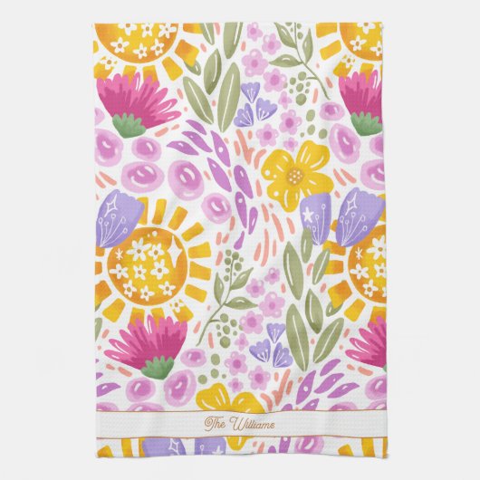 Kleurrijk Bloemmotief Naam Monogram Botanisch Theedoek (Verticaal)