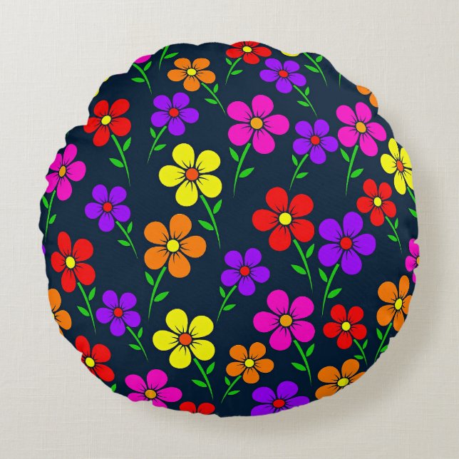 Kleurrijk Bloemmotief Rond Kussen (Voorkant)