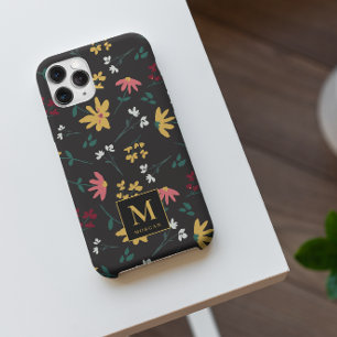 Kleurrijk bloemmotief zwart gepersonaliseerd iPhone 15 case