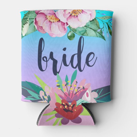 Kleurrijk bloemontwerp & bruidstekst blikjeskoeler (Voorkant)