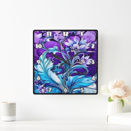 Kleurrijk bloemontwerp met blauwe en Paarse tinten Vierkante Klok (Huis)