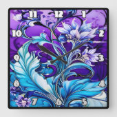 Kleurrijk bloemontwerp met blauwe en Paarse tinten Vierkante Klok (Voorkant)