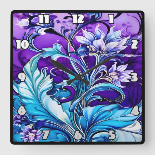 Kleurrijk bloemontwerp met blauwe en Paarse tinten Vierkante Klok (Voorkant)