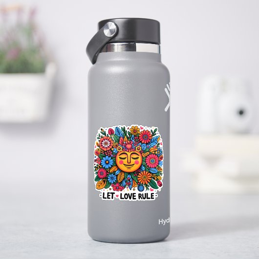 Kleurrijk bloemontwerp met een lachende zon sticker (HydroFlask)
