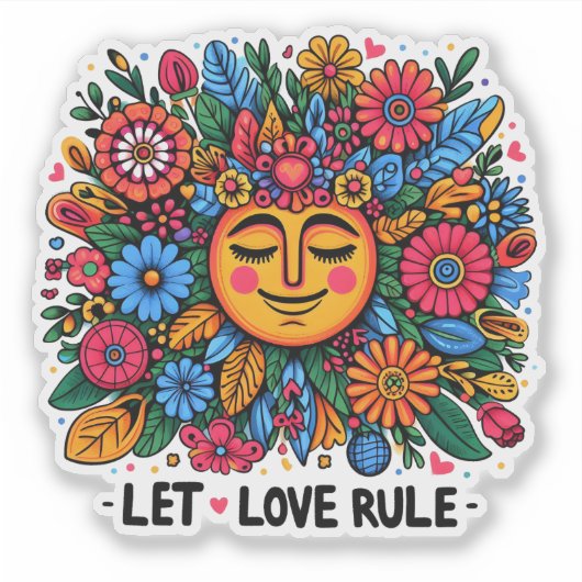 Kleurrijk bloemontwerp met een lachende zon sticker (Voorkant)