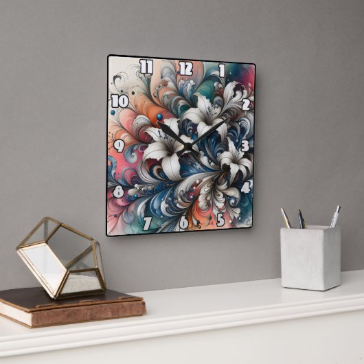 Kleurrijk bloemontwerp met witte lelies vierkante klok (Kantoor)