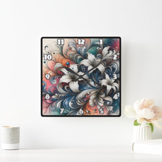 Kleurrijk bloemontwerp met witte lelies vierkante klok (Huis)