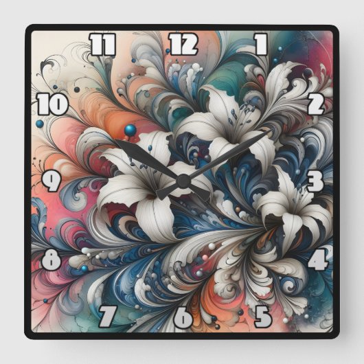 Kleurrijk bloemontwerp met witte lelies vierkante klok (Voorkant)