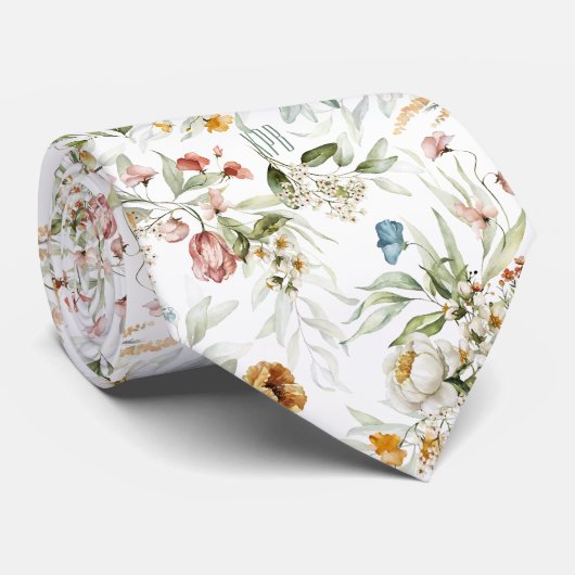 Kleurrijk bloempatroon met monogram op witte das (Opgerold)